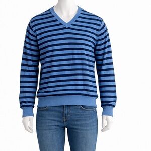 Andrew Fezza V-Neck Blue and Black Striped Sweater XL